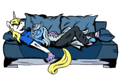 Size: 2496x1600 | Tagged: safe, artist:witkacy1994, prince blueblood, trixie, anthro, unguligrade anthro, g4, couch, female, male, ship:bluetrix, shipping, simple background, sleeping, straight, transparent background