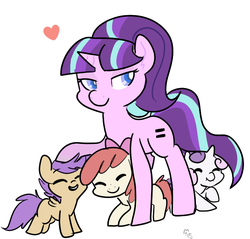 Size: 711x681 | Tagged: safe, artist:mt, apple bloom, scootaloo, starlight glimmer, sweetie belle, earth pony, pegasus, pony, unicorn, g4, the cutie map, bad end, cutie mark crusaders, heart, this will end in communism, this will end in tears and/or death and/or covered in tree sap