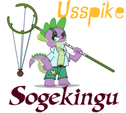 Size: 1649x1475 | Tagged: safe, artist:killkatt, spike, g4, clothes, male, one piece, parody, simple background, slingshot, solo, text, transparent background, usopp