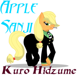 Size: 1649x1575 | Tagged: safe, artist:killkatt, applejack, g4, cigarette, clothes, female, one piece, parody, simple background, smoking, solo, text, transparent background, vinsmoke sanji