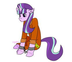 Size: 630x550 | Tagged: safe, artist:fantasyinsanity, starlight glimmer, unicorn, semi-anthro, g4, chains, clothes, ear fluff, female, floppy ears, mare, pouting, prison outfit, prisoner sg, shackles, simple background, sitting, solo, transparent background