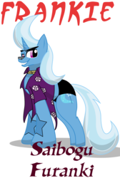 Size: 1275x1902 | Tagged: safe, artist:killkatt, trixie, pony, unicorn, g4, clothes, female, franky, mare, one piece, parody, simple background, solo, text, transparent background