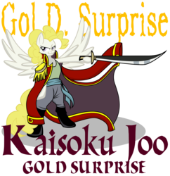 Size: 1600x1650 | Tagged: safe, artist:killkatt, surprise, pony, g1, bipedal, clothes, female, gol d. roger, one piece, parody, simple background, solo, spread wings, sword, text, transparent background, weapon