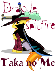 Size: 1279x1670 | Tagged: safe, artist:killkatt, spitfire, g4, clothes, dracule mihawk, female, one piece, parody, simple background, solo, sword, text, transparent background