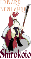 Size: 1275x2354 | Tagged: safe, artist:killkatt, oc, oc only, oc:fausticorn, pony, bipedal, clothes, edward newgate, hoof hold, lauren faust, naginata, one piece, parody, simple background, solo, text, transparent background