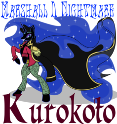 Size: 1803x1900 | Tagged: safe, artist:killkatt, nightmare moon, pony, g4, bipedal, blackbeard, clothes, female, marshall d. teach, one piece, parody, simple background, solo, text, transparent background