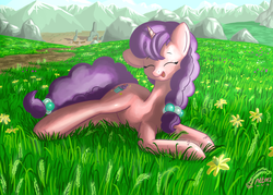 Size: 2016x1440 | Tagged: safe, artist:atteez, sugar belle, g4, the cutie map, cute, eyes closed, female, flower, grass, grass field, happy, mountain, prone, solo, starlight's village, sugarbetes
