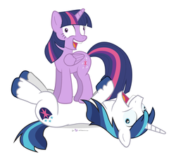 Size: 556x495 | Tagged: safe, artist:dm29, shining armor, twilight sparkle, alicorn, pony, g4, the cutie map, derp, duo, faic, female, i didn't listen, kill it with fire, mare, nightmare fuel, on back, on top, open mouth, smiling, standing, twilight sparkle (alicorn), wide eyes