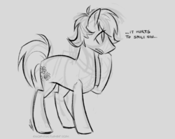 Size: 807x643 | Tagged: safe, artist:egophiliac, double diamond, earth pony, pony, g4, the cutie map, dialogue, male, monochrome, raised hoof, sketch, smiling, solo, stallion