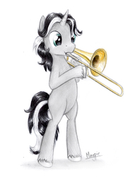 Size: 691x903 | Tagged: safe, artist:magfen, oc, oc only, oc:minor sax, pony, bipedal, musical instrument, solo, traditional art, trombone