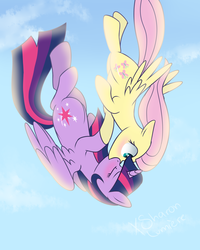 Size: 2000x2500 | Tagged: safe, artist:sugguk, fluttershy, twilight sparkle, alicorn, pony, g4, falling, female, high res, kissing, lesbian, mare, ship:twishy, shipping, twilight sparkle (alicorn)