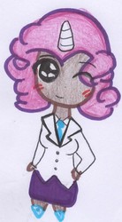 Size: 580x1051 | Tagged: safe, artist:blanquiwiis, rarity, human, g4, blushing, female, horn, horned humanization, humanized, solo, wink