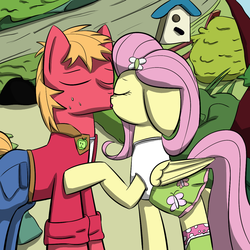Size: 1200x1200 | Tagged: safe, artist:crashbrowns, big macintosh, fluttershy, earth pony, pony, g4, clothes, equestria girls outfit, female, kissing, male, ship:fluttermac, shipping, skirt, straight