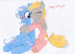 Size: 1248x900 | Tagged: safe, artist:foxxy-arts, derpy hooves, trixie, pegasus, pony, g4, bunny costume, bunny pajamas, clothes, female, footed sleeper, mare, spring