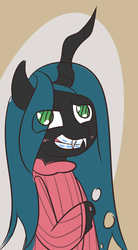 Size: 931x1692 | Tagged: safe, artist:kimmychan1, queen chrysalis, g4, blushing, braces, clothes, dork, dorkalis, female, solo, sweater