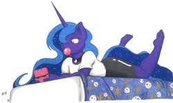 Size: 1557x925 | Tagged: safe, artist:charlescaw, artist:joey darkmeat, princess luna, anthro, plantigrade anthro, gamer luna, g4, 3ds, barefoot, bed, bubblegum, drawing, feet, female, solo, toes, trace, traditional art