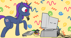 Size: 2600x1400 | Tagged: safe, artist:darkdoomer, oc, oc only, pony, computer, crt, floppy disk, keyboard, monitor, mouth hold, ms paint, raised hoof, solo