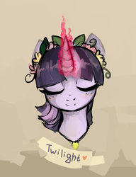 Size: 2000x2600 | Tagged: safe, artist:catzino, twilight sparkle, g4, blushing, eyes closed, floral head wreath, flower in hair, high res, necklace, portrait
