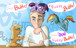 Size: 2850x1800 | Tagged: safe, artist:captainpudgemuffin, applejack, rainbow dash, twilight sparkle, alicorn, earth pony, human, pegasus, pony, g4, artist, butts, cute, dialogue, eyes closed, female, frown, hopping, looking at you, mare, micro, open mouth, ponies riding humans, pony hat, pouting, raised eyebrow, riding, sitting, smiling, tulpa, twilight sparkle (alicorn), unamused