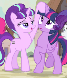 Size: 443x517 | Tagged: safe, screencap, pinkie pie, rarity, starlight glimmer, twilight sparkle, alicorn, pony, unicorn, g4, the cutie map, animated, creepy, female, hilarious in hindsight, mare, meme in the description, personal space invasion, s5 starlight, stranger danger, touching face, twilight sparkle (alicorn)