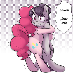 Size: 1000x1000 | Tagged: safe, artist:khorme, pinkie pie, sugar belle, earth pony, pony, unicorn, g4, the cutie map, dialogue, duo, equal cutie mark, equalized, female, hug, mare
