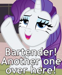 Size: 600x720 | Tagged: safe, edit, edited screencap, screencap, rarity, g4, the cutie map, bedroom eyes, caption, drunk, drunk rarity, female, image macro, open mouth, raised hoof, sitting, solo, table