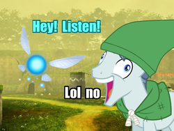 Size: 800x600 | Tagged: safe, screencap, party favor, fairy, pony, unicorn, g4, my little pony: friendship is magic, the cutie map, exploitable meme, funny as hell, hat, hey listen, i didn't listen, image macro, kokiri forest, link, lol no, male, meme, navi, reverse meme, stallion, the legend of zelda, the legend of zelda: ocarina of time