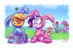 Size: 1750x1150 | Tagged: safe, artist:whitediamonds, apple bloom, applejack, granny smith, rarity, sweetie belle, earth pony, pony, unicorn, family appreciation day, adorabloom, applejack is not amused, bunny belle, bunny bloom, bunny costume, bunnyjack, clothes, cute, diasweetes, easter, embarrassed, female, grumpy, jackabetes, lesbian, mare, open mouth, raribetes, rarijack, rarijack daily, shipping, sweat, this will end in angry countryisms, unamused