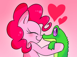 Size: 319x237 | Tagged: safe, artist:vdru7, gummy, pinkie pie, g4, boop, cute, diapinkes, duo, eyes closed, female, gummybetes, heart, male, noseboop, pixiv, profile