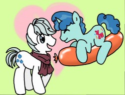 Size: 512x387 | Tagged: safe, artist:seths-girl, double diamond, party favor, earth pony, pony, unicorn, g4, balloon, clothes, gay, heart, male, scarf, ship:partydiamond, shipping, stallion