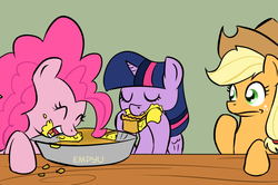 Size: 1000x663 | Tagged: safe, artist:empyu, applejack, pinkie pie, twilight sparkle, alicorn, pony, g4, eating, female, mare, messy eating, pie, trio, twilight sparkle (alicorn)