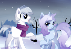 Size: 1280x886 | Tagged: safe, artist:spookyle, double diamond, oc, oc:frosty flower, earth pony, pony, unicorn, g4, blushing, canon x oc, clothes, female, male, scarf, snow, snowfall, straight