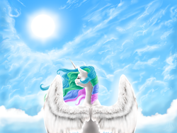 Size: 1600x1200 | Tagged: safe, artist:ablm, princess celestia, g4, cloud, cloudy, eyes closed, female, rear view, solo, spread wings, sun
