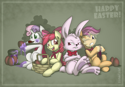 Size: 3860x2701 | Tagged: safe, artist:jcosneverexisted, apple bloom, scootaloo, sweetie belle, g4, cutie mark crusaders, easter bunny, egg, high res, paw pads