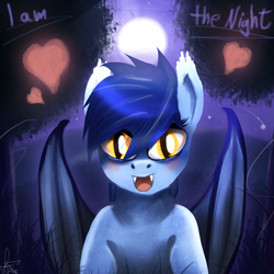 Size: 2000x2000 | Tagged: safe, artist:kaine, oc, oc only, oc:starry skies, bat pony, pony, /bat/, cute, death stare, fangs, female, filly, high res, moon, smiling, solo
