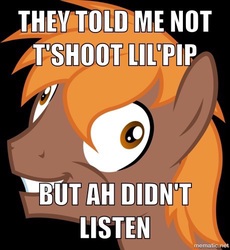 Size: 459x500 | Tagged: safe, oc, oc only, oc:calamity, pegasus, pony, fallout equestria, black background, crazy face, derp, exploitable meme, faic, fanfic, fanfic art, grin, i didn't listen, image macro, male, meme, simple background, smiling, solo, stallion, wide eyes, wings