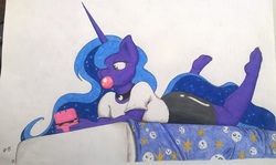 Size: 1557x925 | Tagged: safe, artist:charlescaw, artist:joey darkmeat, princess luna, anthro, plantigrade anthro, gamer luna, g4, 3ds, barefoot, bed, bubblegum, drawing, feet, female, solo, toes, trace, traditional art