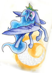 Size: 600x827 | Tagged: safe, artist:ladyamaltea, princess luna, alicorn, pony, g4, crescent moon, female, flower, flower in hair, moon, solo, spread wings, traditional art