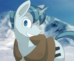 Size: 1024x853 | Tagged: safe, artist:despair-dog, party favor, pony, unicorn, g4, my little pony: friendship is magic, the cutie map, cloak, clothes, dreamworks face, equalized, looking at you, male, solo, stallion