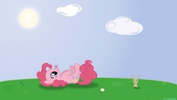 Size: 2560x1440 | Tagged: safe, artist:dr.johndash, pinkie pie, butterfly, earth pony, pony, rabbit, g4, female, lying, mare, on back, solo, vector