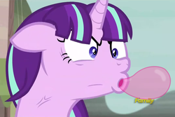 Size: 1075x717 | Tagged: safe, edit, edited screencap, screencap, starlight glimmer, g4, the cutie map, angry, blowing, bubblegum, discovery family logo, ears back, female, focus, food, gum, image macro, meme, ragelight glimmer, solo