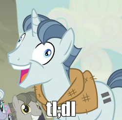 Size: 1041x1024 | Tagged: safe, screencap, party favor, pony, unicorn, g4, my little pony: friendship is magic, the cutie map, exploitable meme, i didn't listen, image macro, male, meme, reaction image, stallion, tl;dr