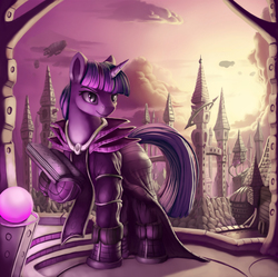 Size: 3000x2988 | Tagged: safe, artist:sceathlet, twilight sparkle, pony, unicorn, g4, airship, archmage, book, city, clothes, female, high res, mage, mare, robe, scenery, scenery porn, smiling, solo, tower, unicorn twilight
