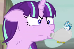 Size: 1075x717 | Tagged: safe, edit, edited screencap, screencap, starlight glimmer, ghost, g4, the cutie map, angry, blowing, discovery family logo, dragon ball, dragon ball z, ears back, female, focus, image macro, meme, ragelight glimmer, solo, super ghost kamikaze attack, wat