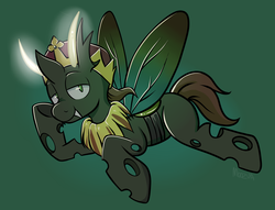 Size: 3000x2291 | Tagged: safe, artist:moozua, oc, oc only, changeling, changeling king, crown, high res, king, looking at you, prone, smiling, solo