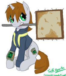 Size: 872x1000 | Tagged: safe, artist:toasterrepairunit, oc, oc only, oc:littlepip, pony, unicorn, fallout equestria, clothes, fanfic, fanfic art, female, jumpsuit, mare, mouth hold, pipbuck, sign, simple background, solo, vault suit, white background