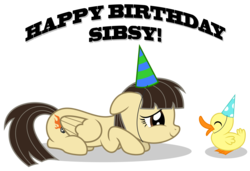 Size: 8192x5600 | Tagged: safe, artist:thatguy1945, wild fire, bird, duck, pegasus, pony, g4, absurd resolution, birthday, cute, duckling, duo, female, floppy ears, happy birthday, hat, mare, party hat, ponysona, prone, sibsy, simple background, smiling, solo, that pony sure does love ducks, transparent background, vector