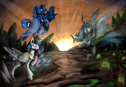 Size: 5790x3990 | Tagged: safe, artist:vinicius040598, princess celestia, princess luna, queen chrysalis, alicorn, changeling, changeling queen, pony, g4, absurd resolution, crepuscular rays, egg, female, fight, flying, sunrise