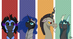 Size: 1350x720 | Tagged: safe, artist:missydakota, discord, king sombra, nightmare moon, queen chrysalis, alicorn, pony, unicorn, g4, spoiler:comic, accessory swap, antagonist, armor, clothes swap, crossdressing, fangs, frown, horns, open mouth, raised eyebrow, smiling, smirk, unamused, wide eyes