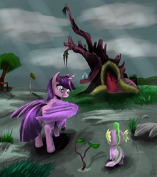 Size: 5100x5744 | Tagged: safe, artist:vinicius040598, spike, twilight sparkle, alicorn, pony, g4, absurd resolution, cloud, cloudy, crepuscular rays, female, golden oaks library, mare, ruins, sad, spread wings, twilight sparkle (alicorn)